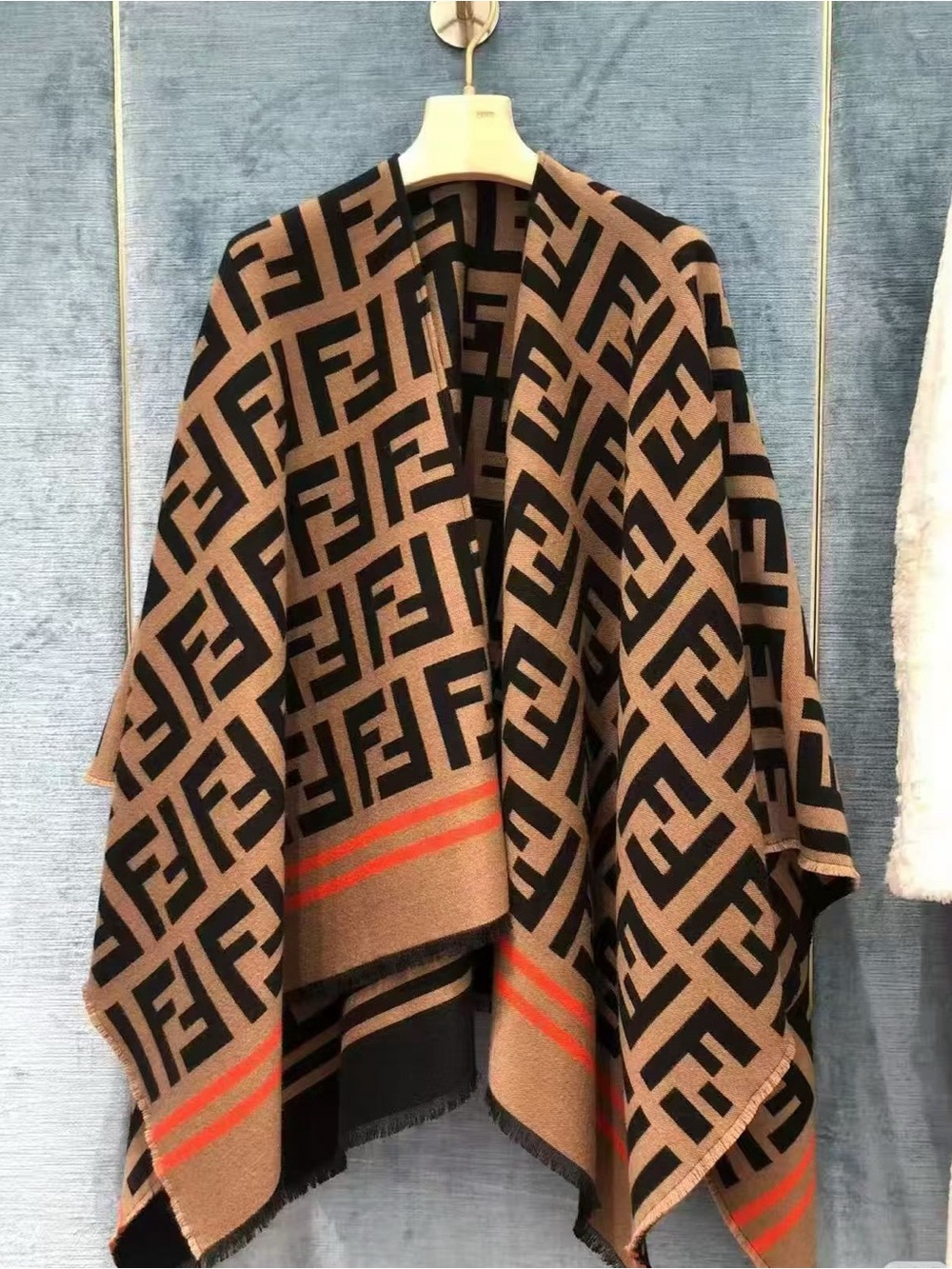 Fendi Black & Brown FF Monogram Wool Cape with Orange Stripe